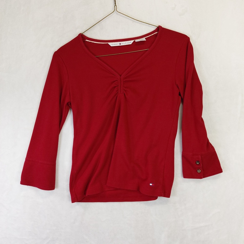 Tommy Hilfiger Womens Red V-Neck Ruched 3/4 Sleeve Button Cuff Top Size M
